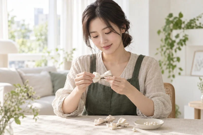 밝은 공간에서 리본 머리핀을 만드는 모습의 AI 생성 이미지